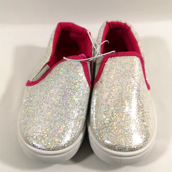 Girl's Slip-on Shoe, White and Silver Glitter with Pink. Rubber Soles, Size 10 - Picture 1 of 6